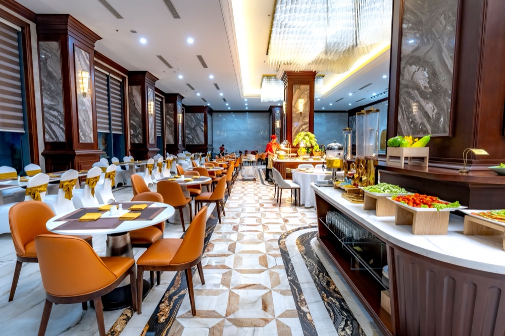 Restaurant dining room set for service
